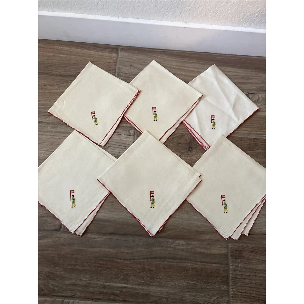6 Embroidered Napkins With Red Edging & Boy 16